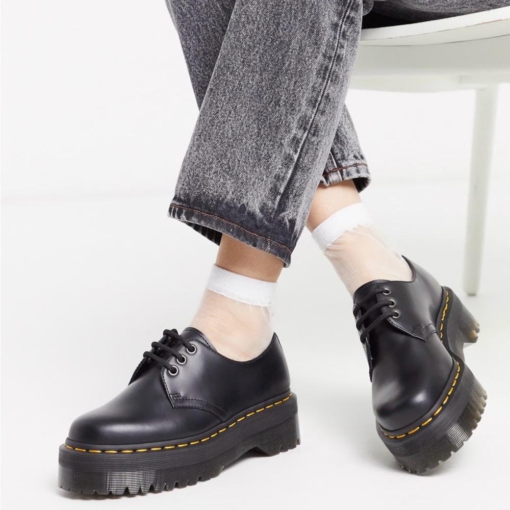 NIB Dr. Martens 1461 Black Leather Platform 3-Eye Shoes with Yellow Stitching